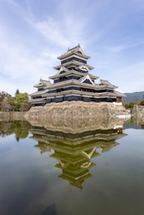 A tall building sitting on top of a lake