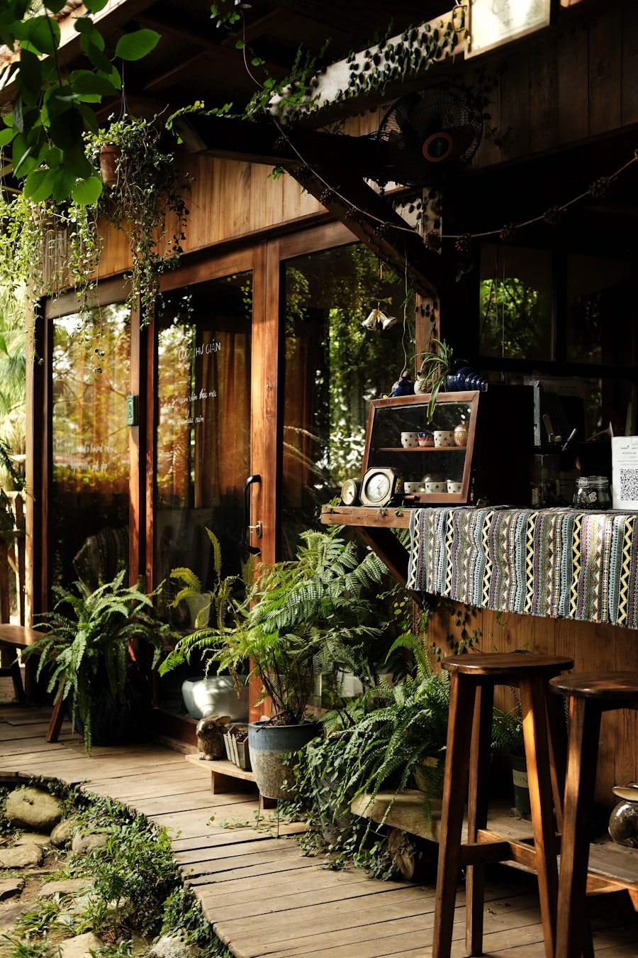 Garden porch draped in greenery with wooden seating