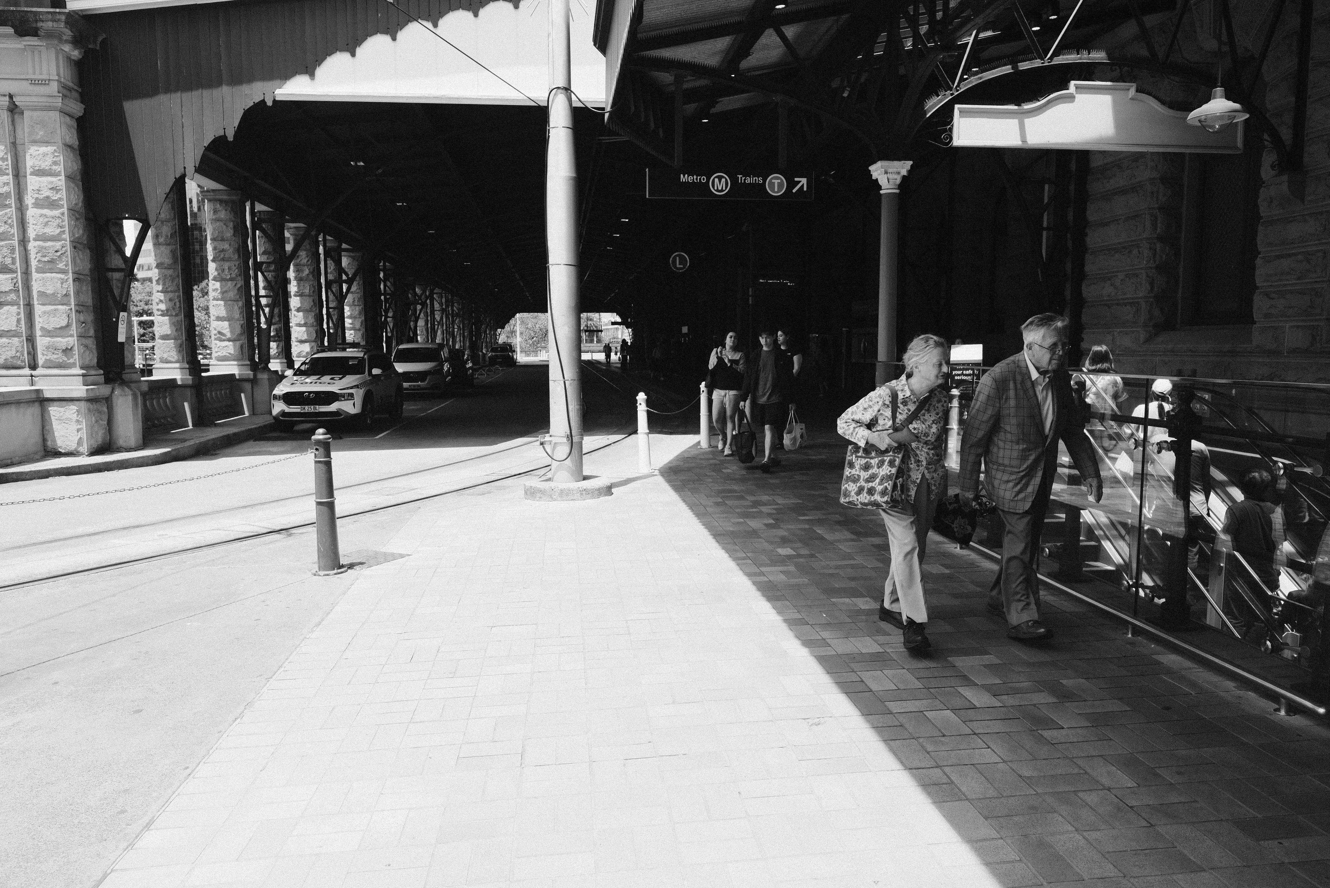 Black and white train station