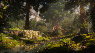A painting of a forest with a stream running through it