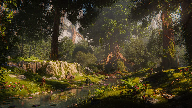 A painting of a forest with a stream running through it