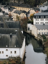 An aerial view of a river running through a city