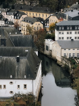 An aerial view of a river running through a city
