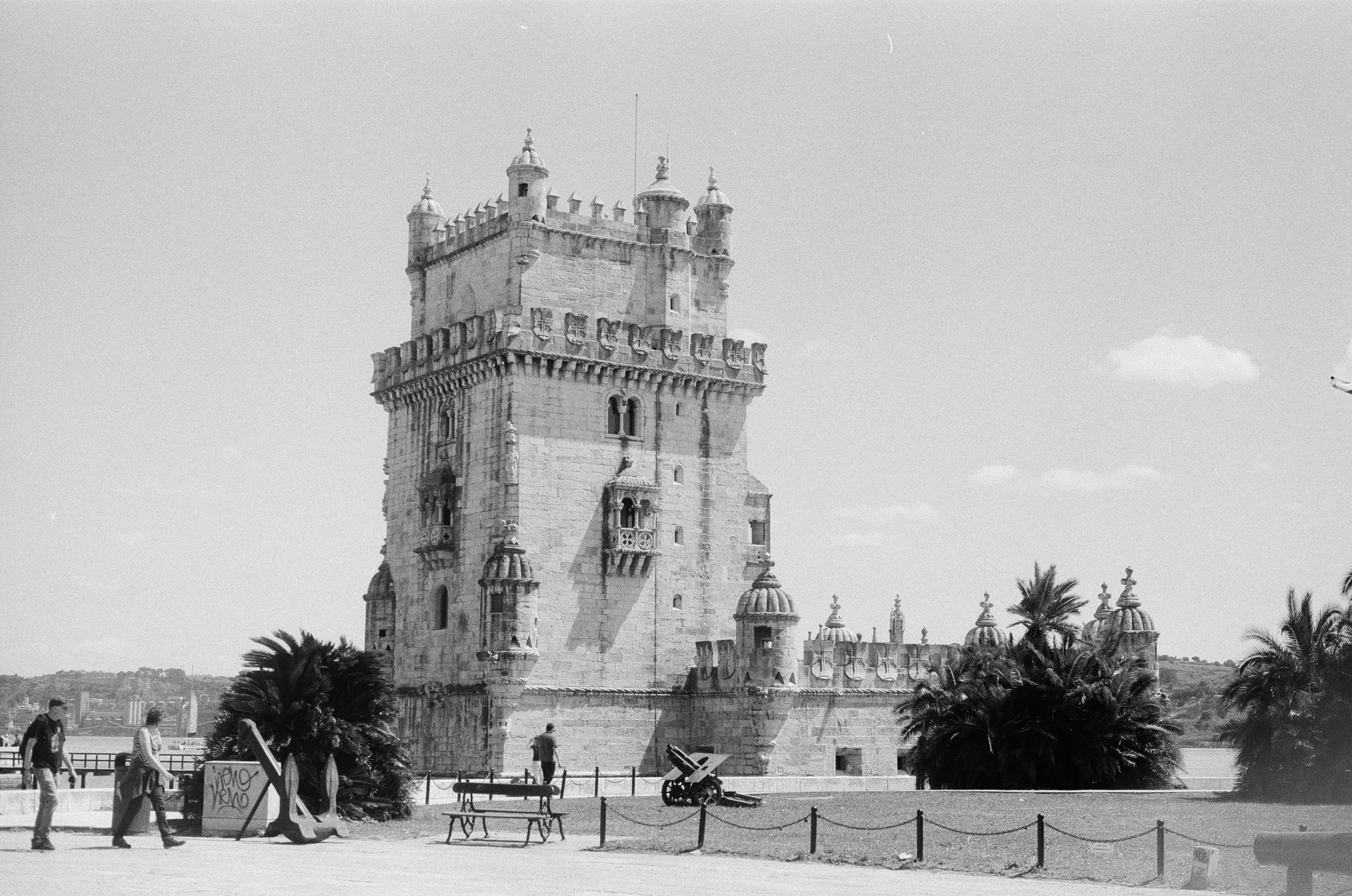 A black and white photo of a tower