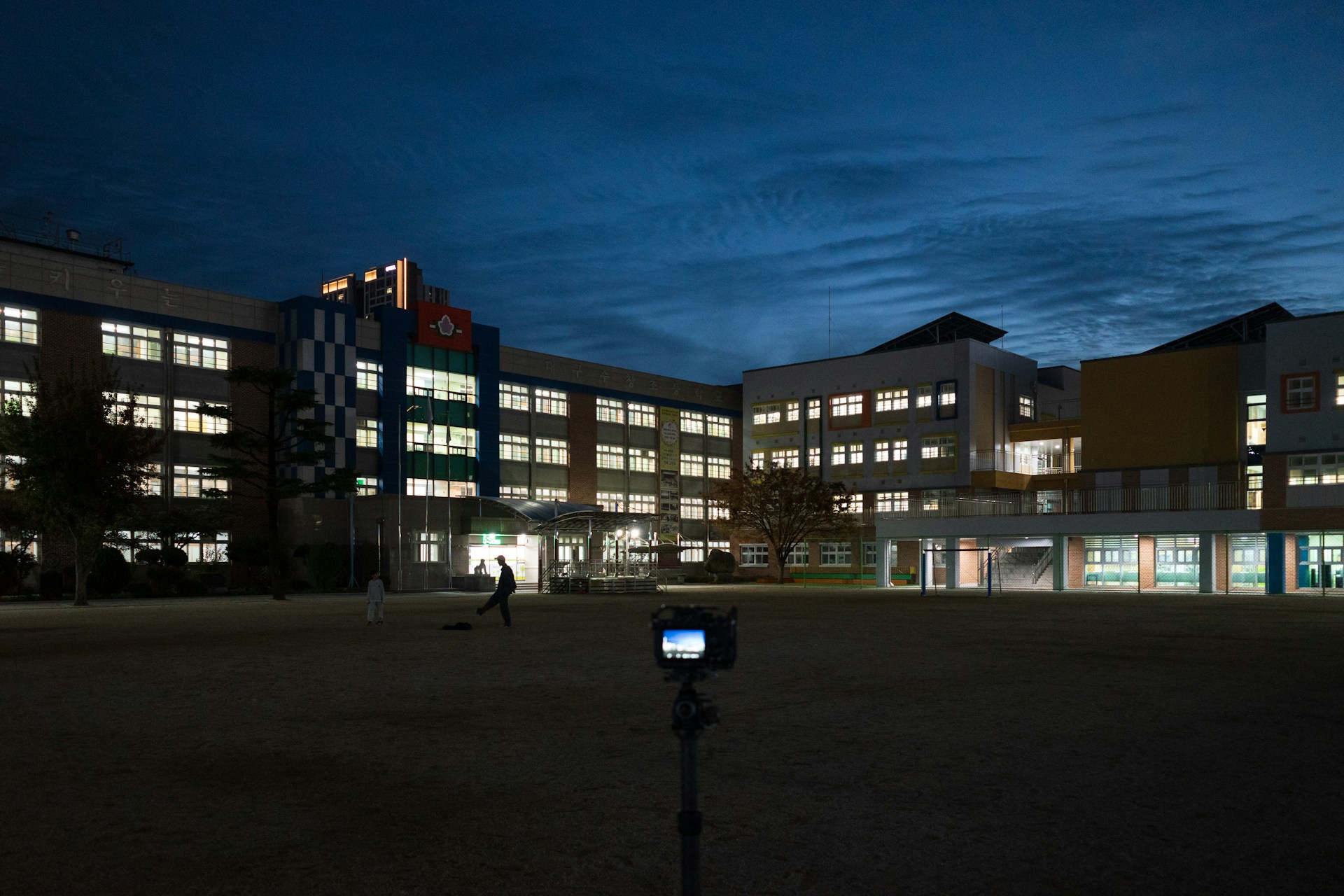 A street light in front of a building at night