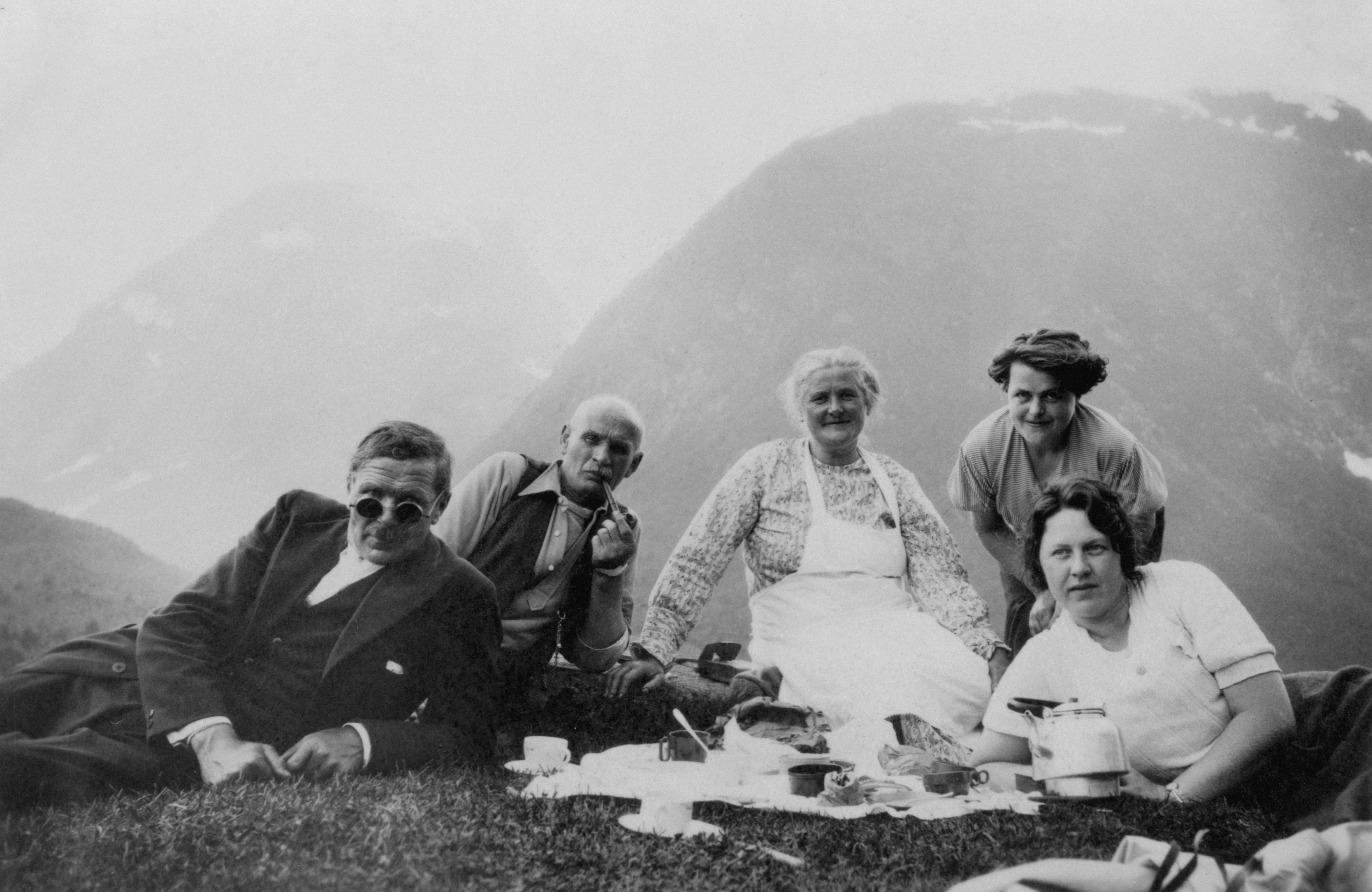 Group of people having a picnic in the mountains
