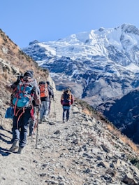 A group of people hiking up a mountain