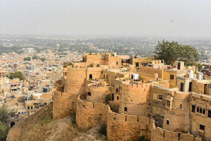 View over Jaisalmer city with lake in the foreground