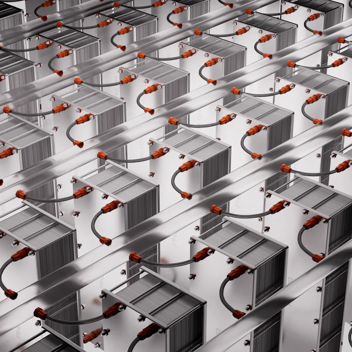 Rows of connected commercial battery storage modules