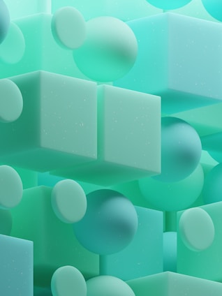 A green and blue abstract background with squares and bubbles