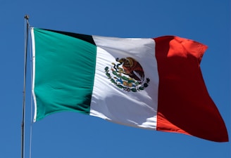 A flag flying in the wind with a blue sky in the background
