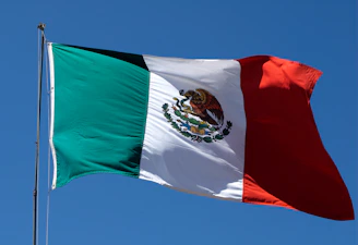 A flag flying in the wind with a blue sky in the background