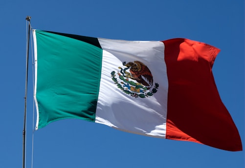 A flag flying in the wind with a blue sky in the background