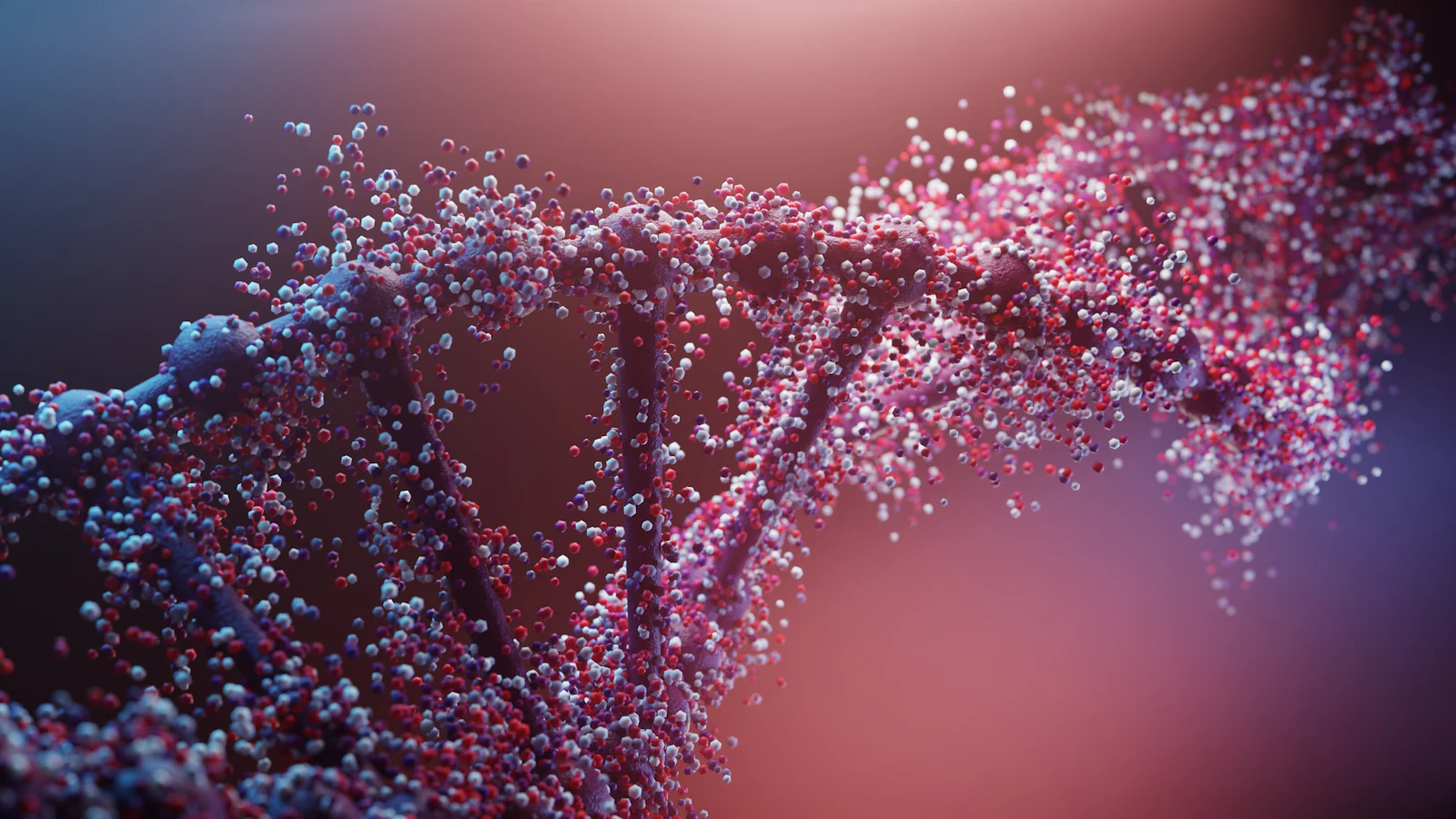Red and white particles forming a DNA double helix