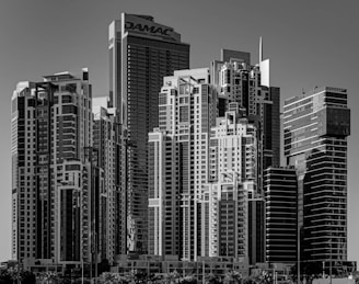 A black and white photo of a city skyline