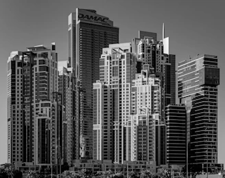 A black and white photo of a city skyline