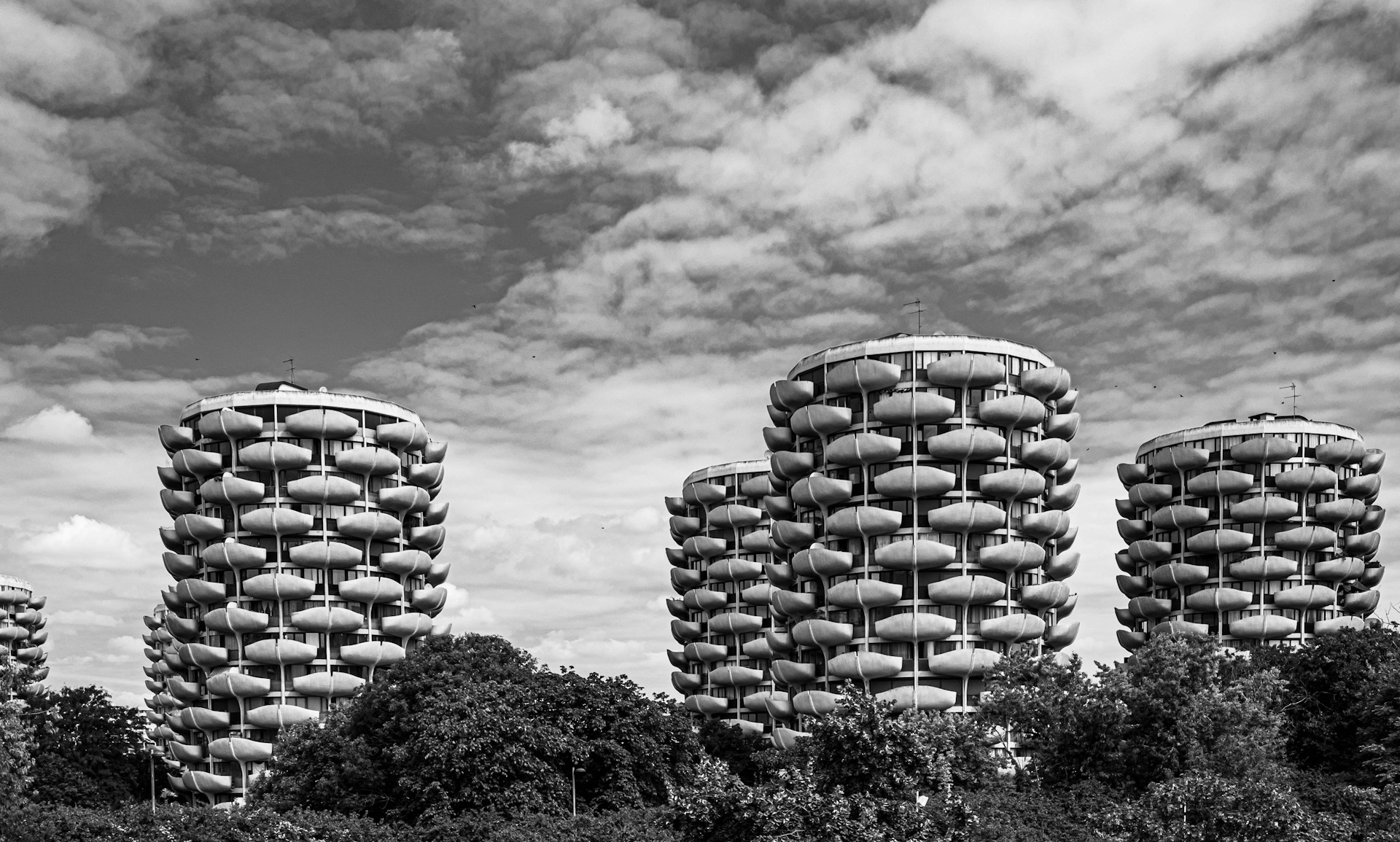 A black and white photo of a row of buildings