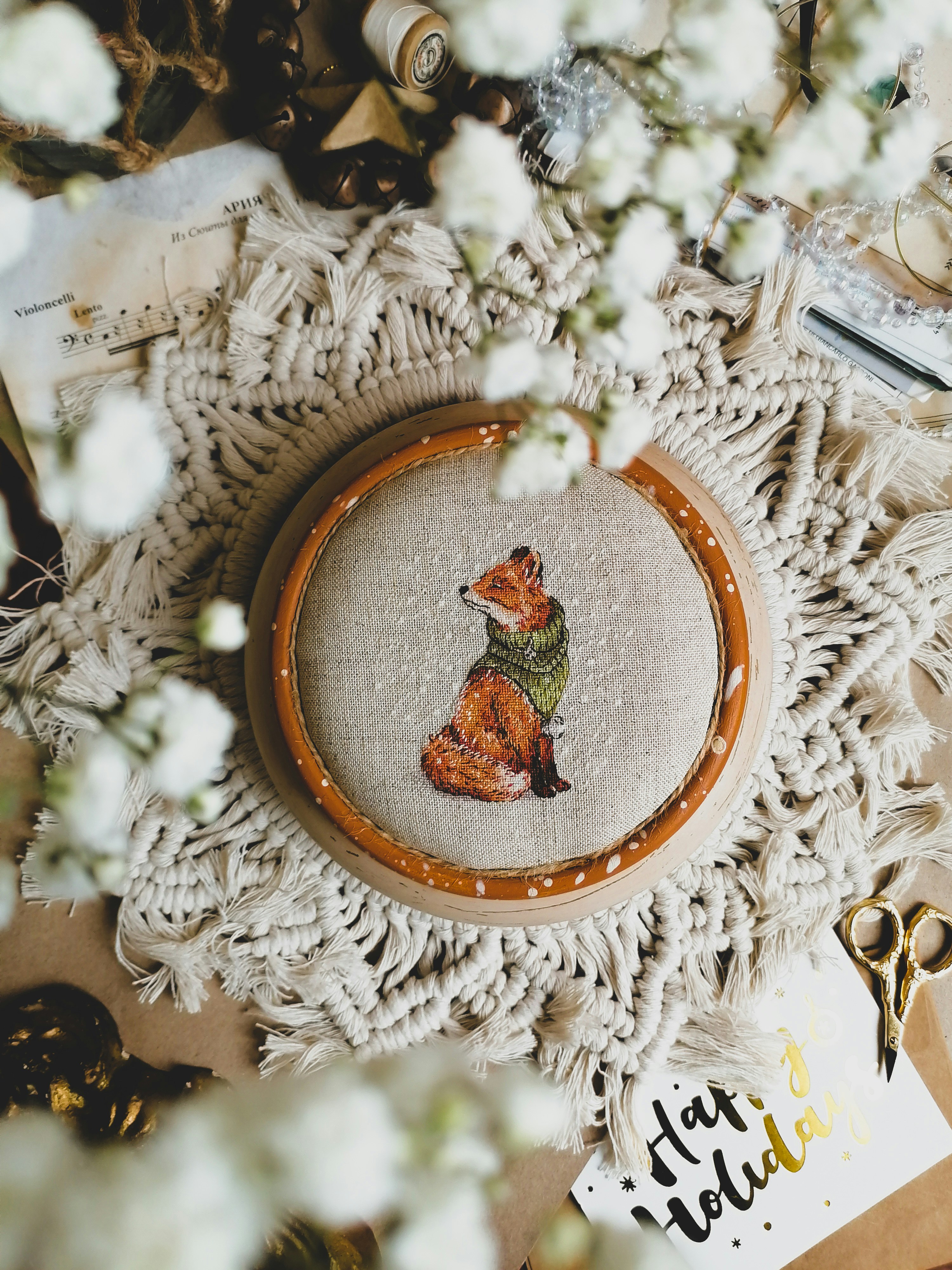 A close up of a embroidery on a doily