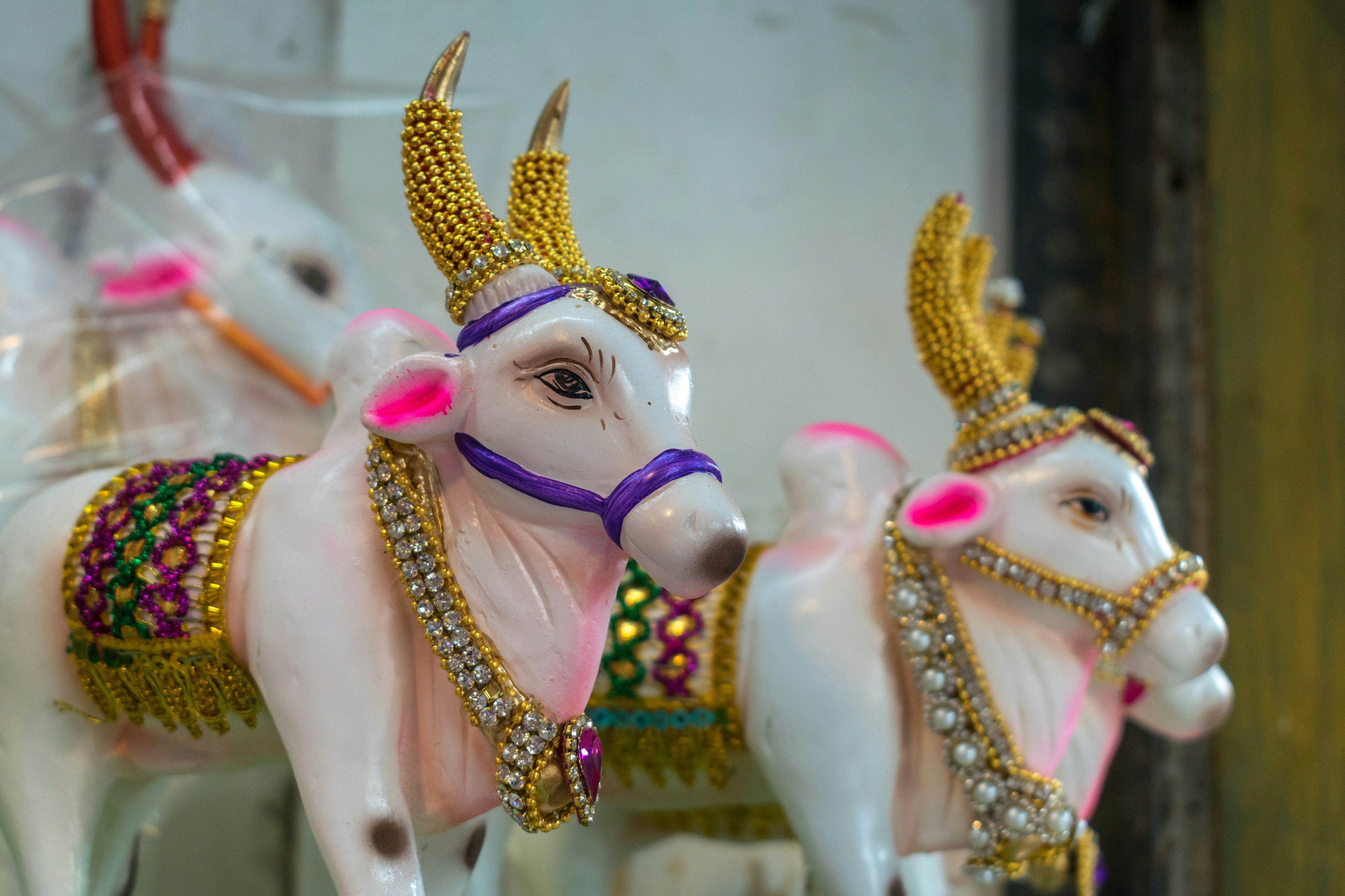Beautiful idols of Nandi on display at a workshop in Mumbai, India for the festival of Ganesh Chaturthi