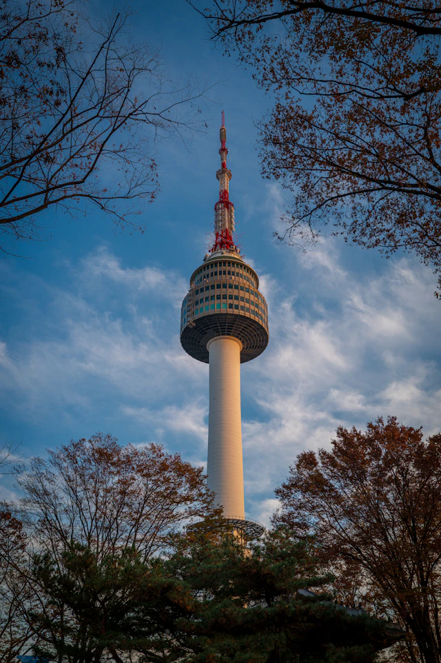 N Seoul Tower’s observation deck and red-and-white antenna above Namsan’s trees