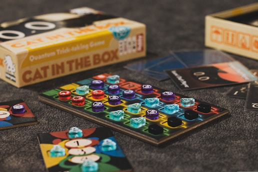 A box of cat in the box game sitting on a table