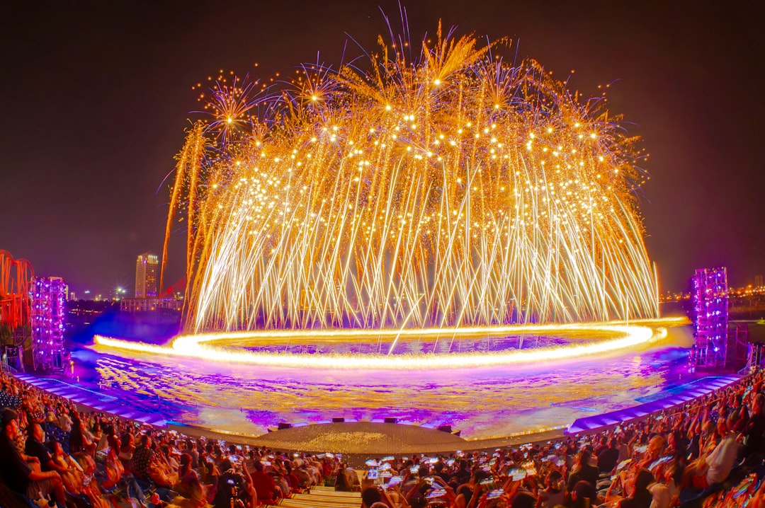 A large crowd of people watching a fireworks show