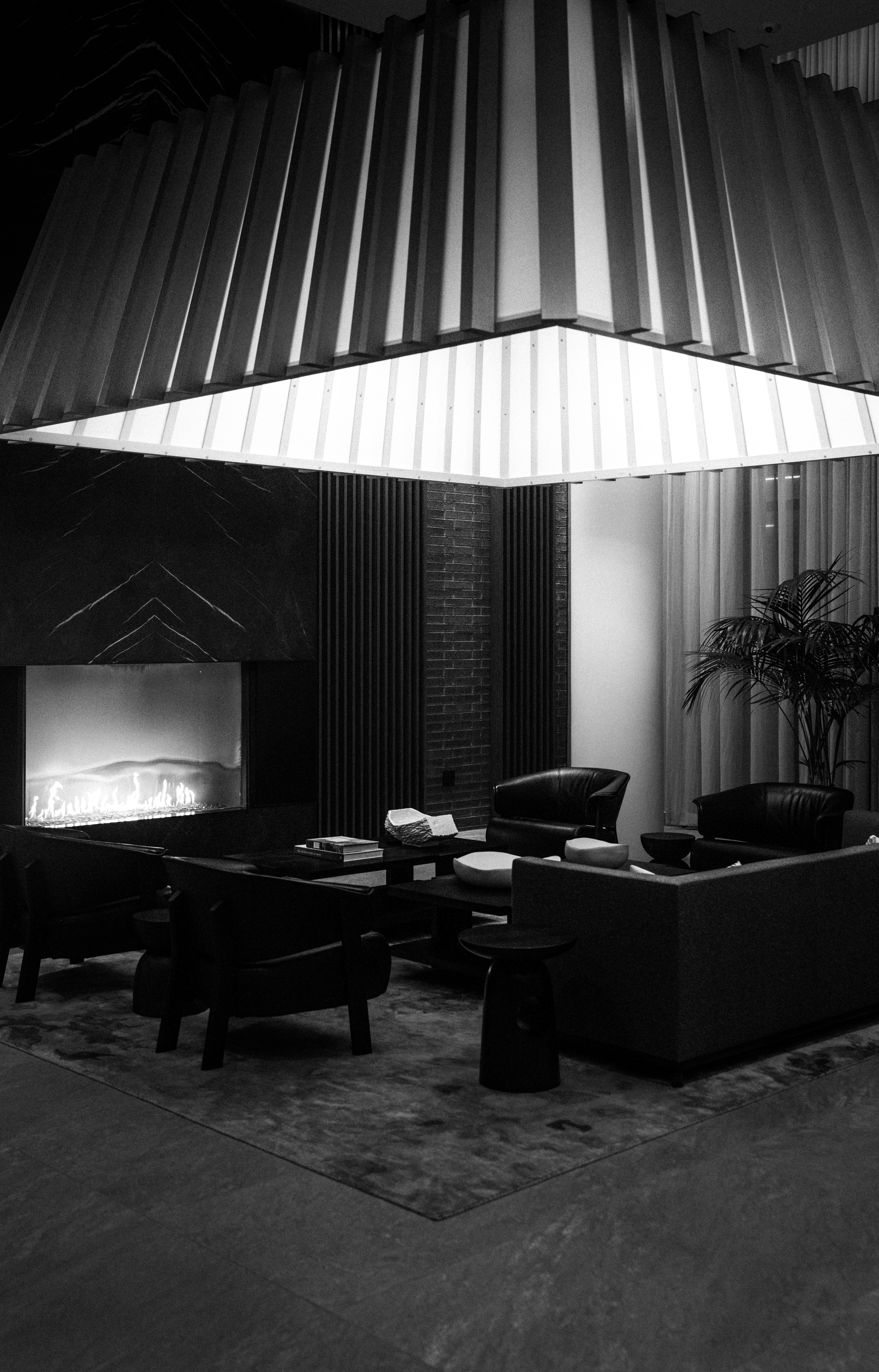 A black and white photo of a living room