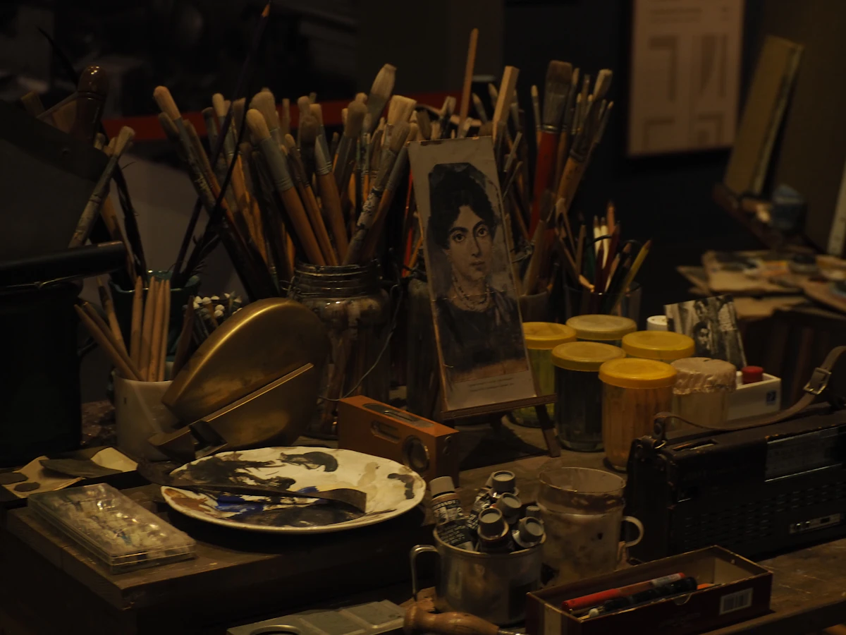 An artist’s studio with works in progress