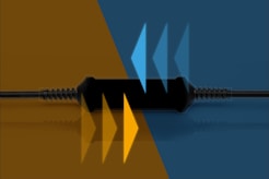 A black screw with a yellow and blue background