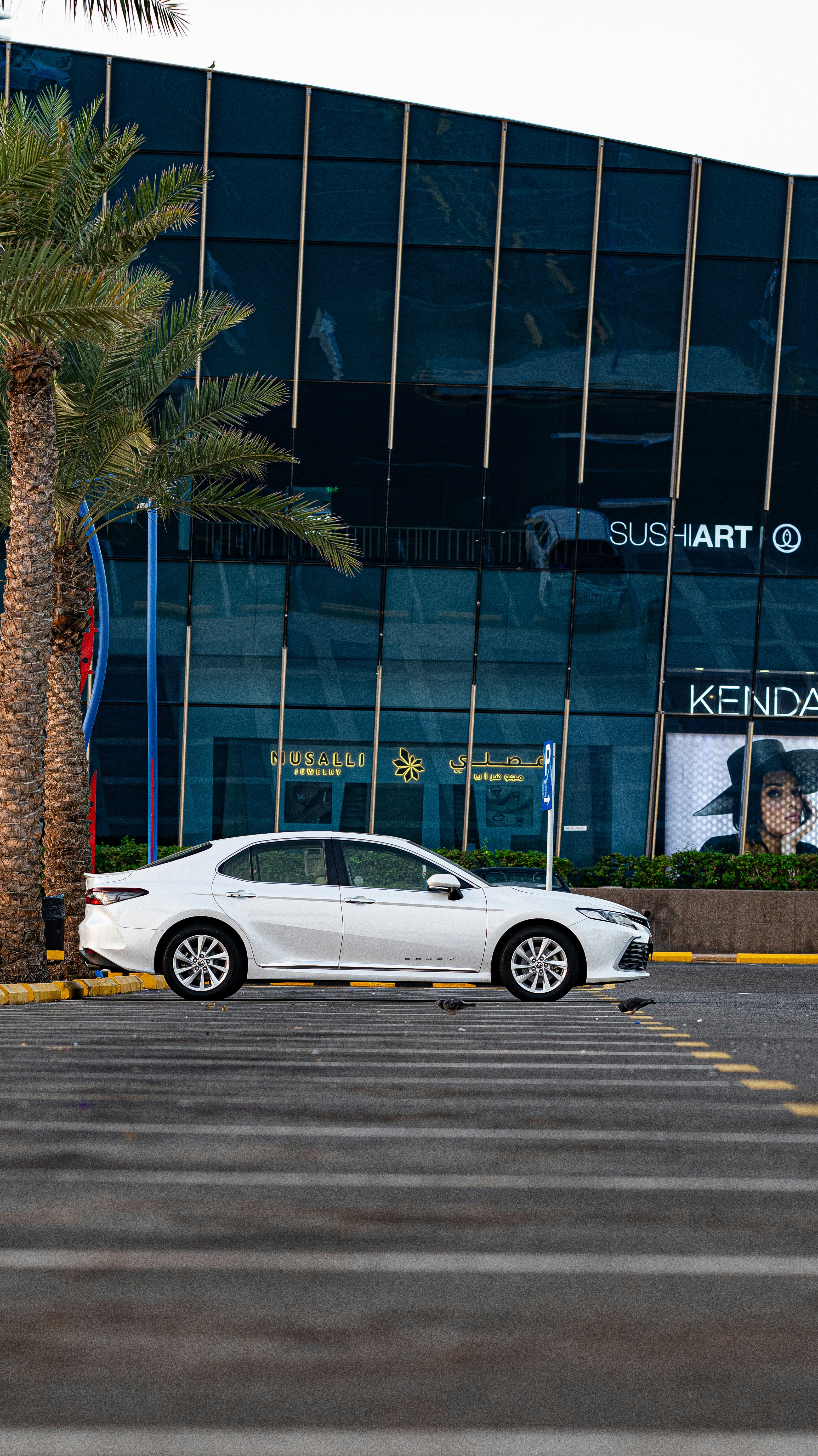A white car is parked in a parking lot