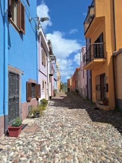 A cobblestone street lined with colorful buildings