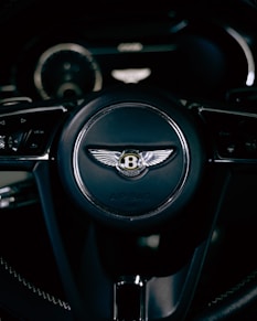 A close up of the steering wheel of a car