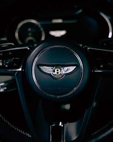 A close up of the steering wheel of a car