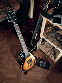 A guitar and other musical equipment sitting on the floor