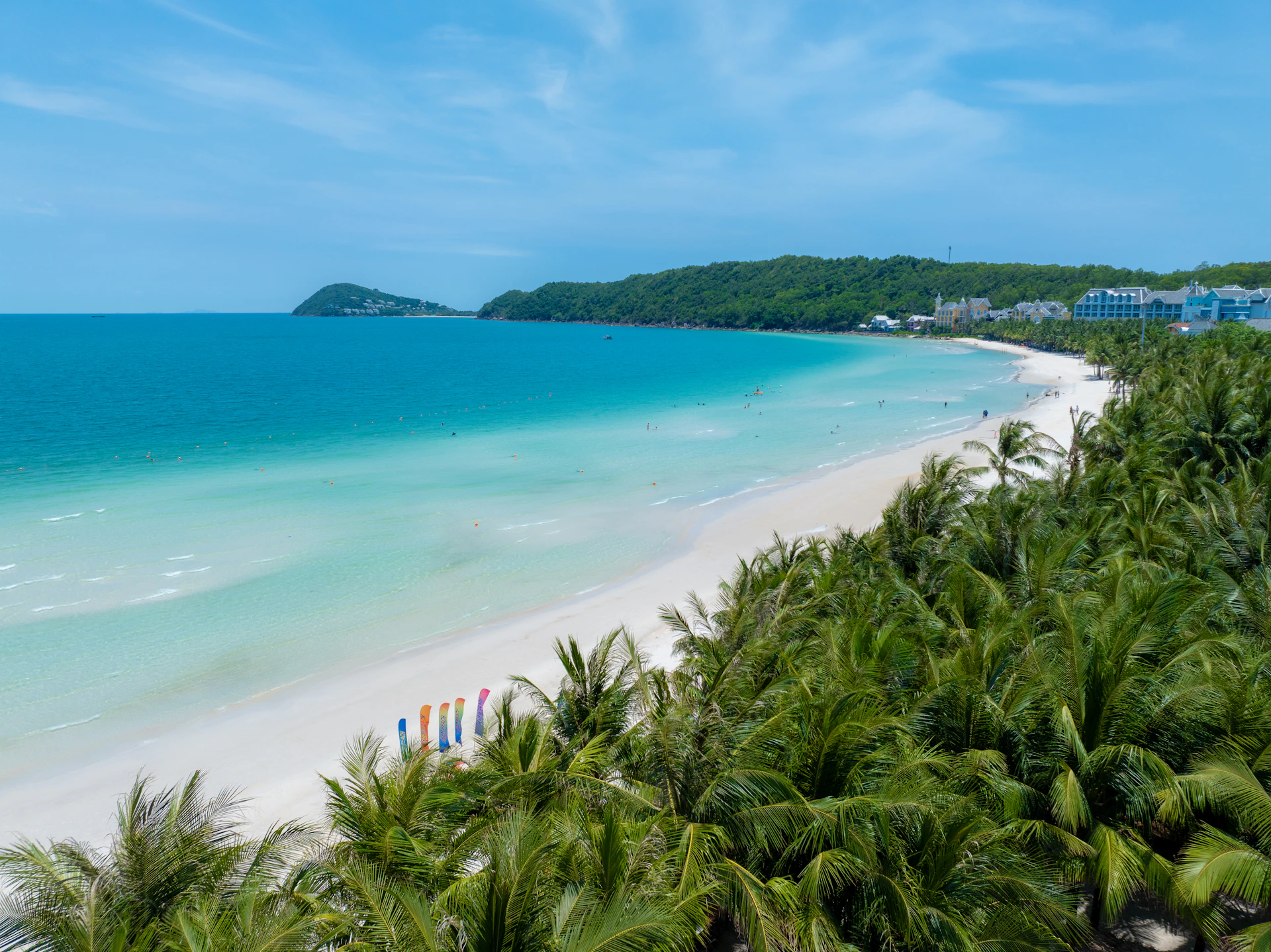 A beach with palm trees and a white sand beach