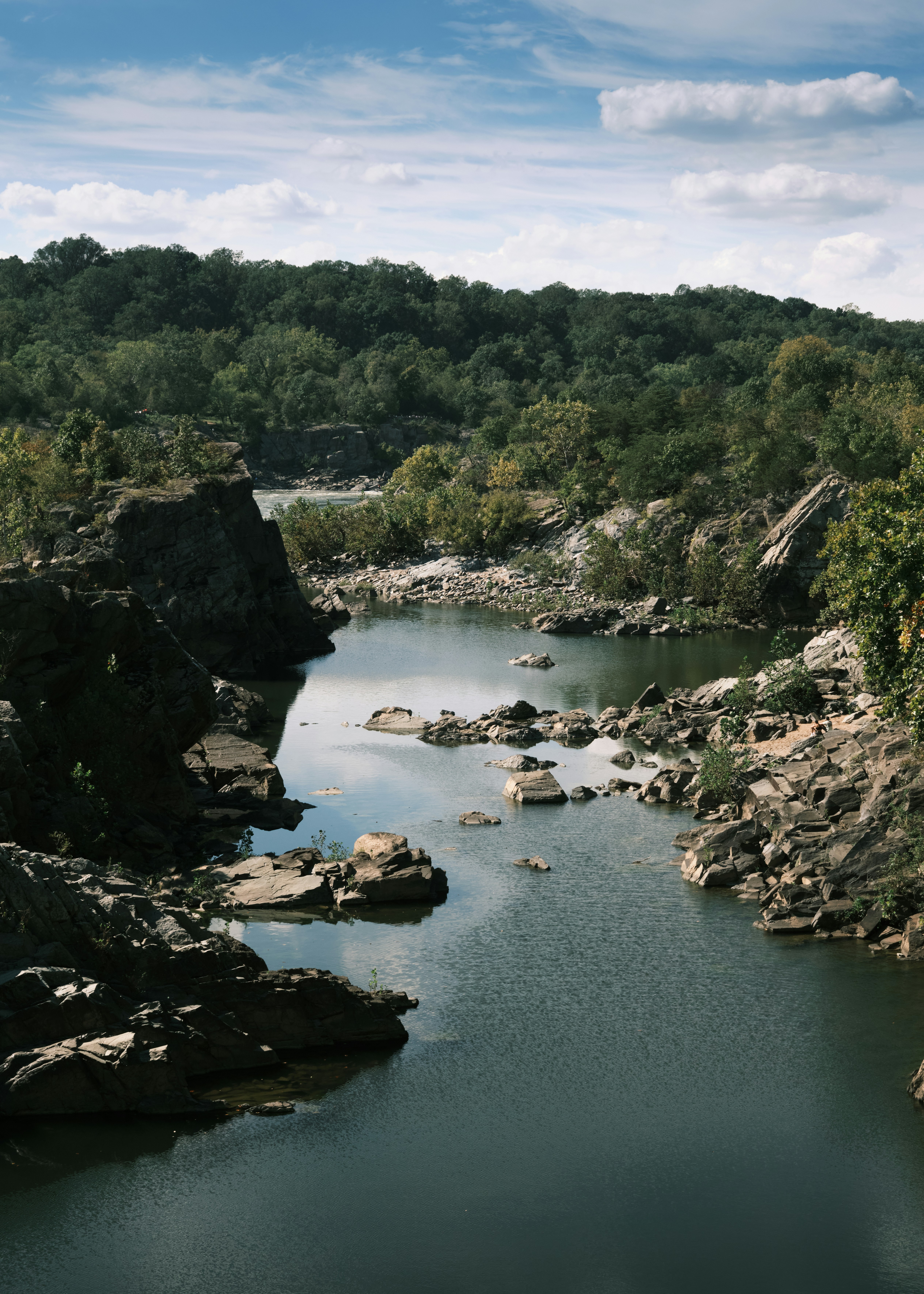 A body of water surrounded by rocks and trees
