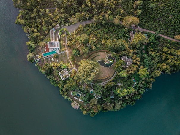 An aerial view of a lake surrounded by trees