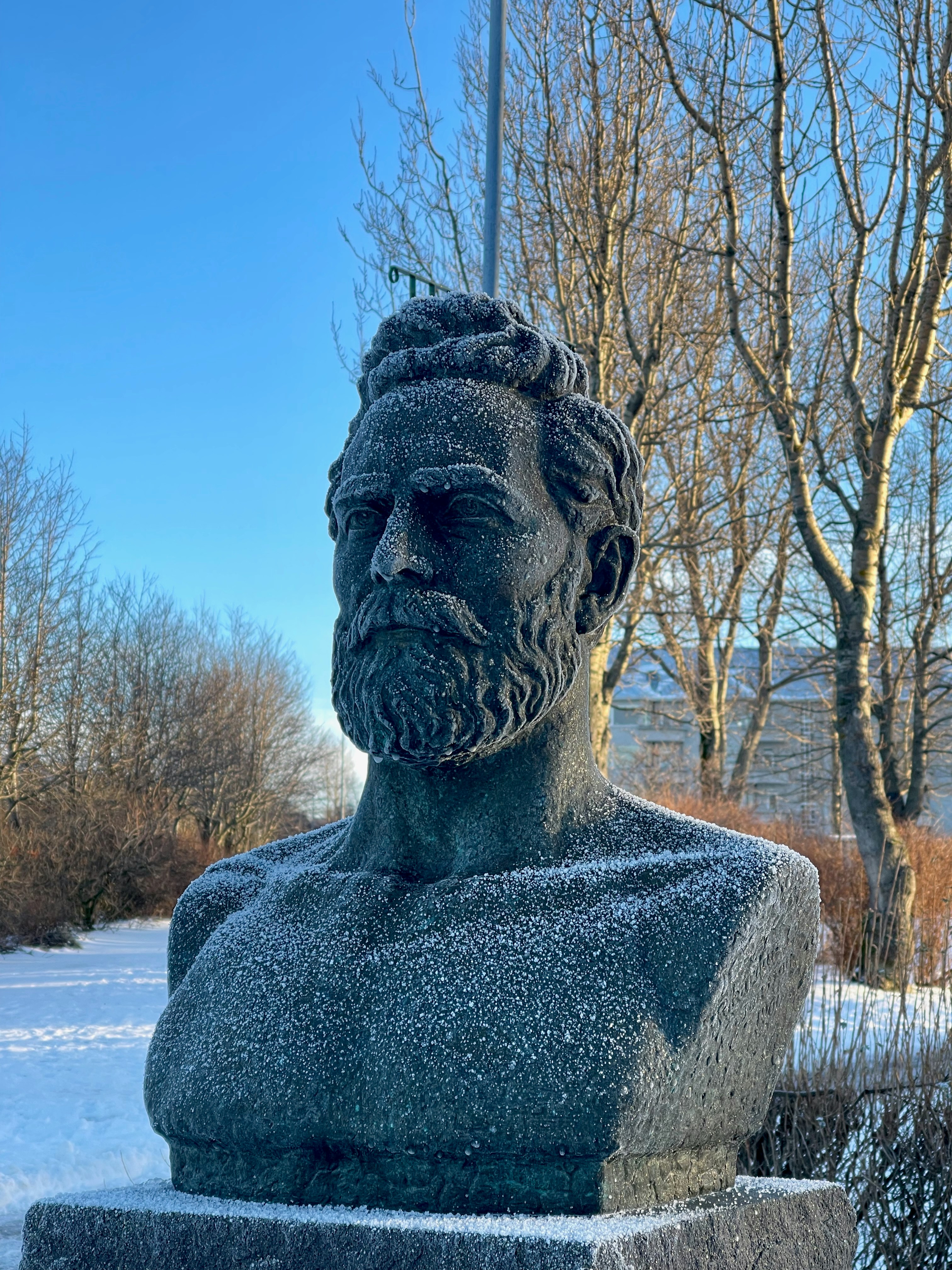 Une statue d’un homme avec une barbe dans la neige