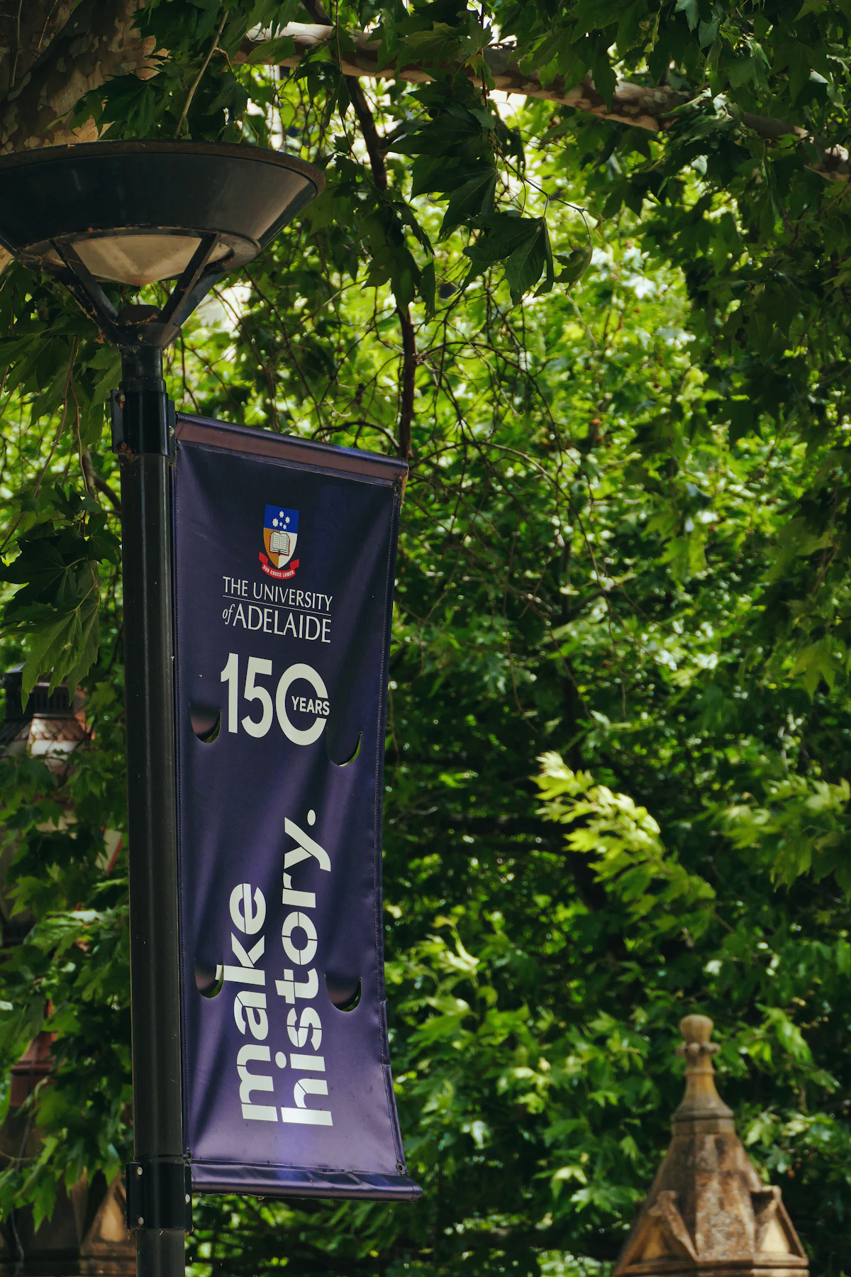 Vertical event banner hanging from a street light