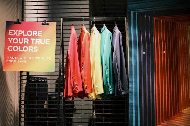 A rack of colorful clothing hanging on a wall
