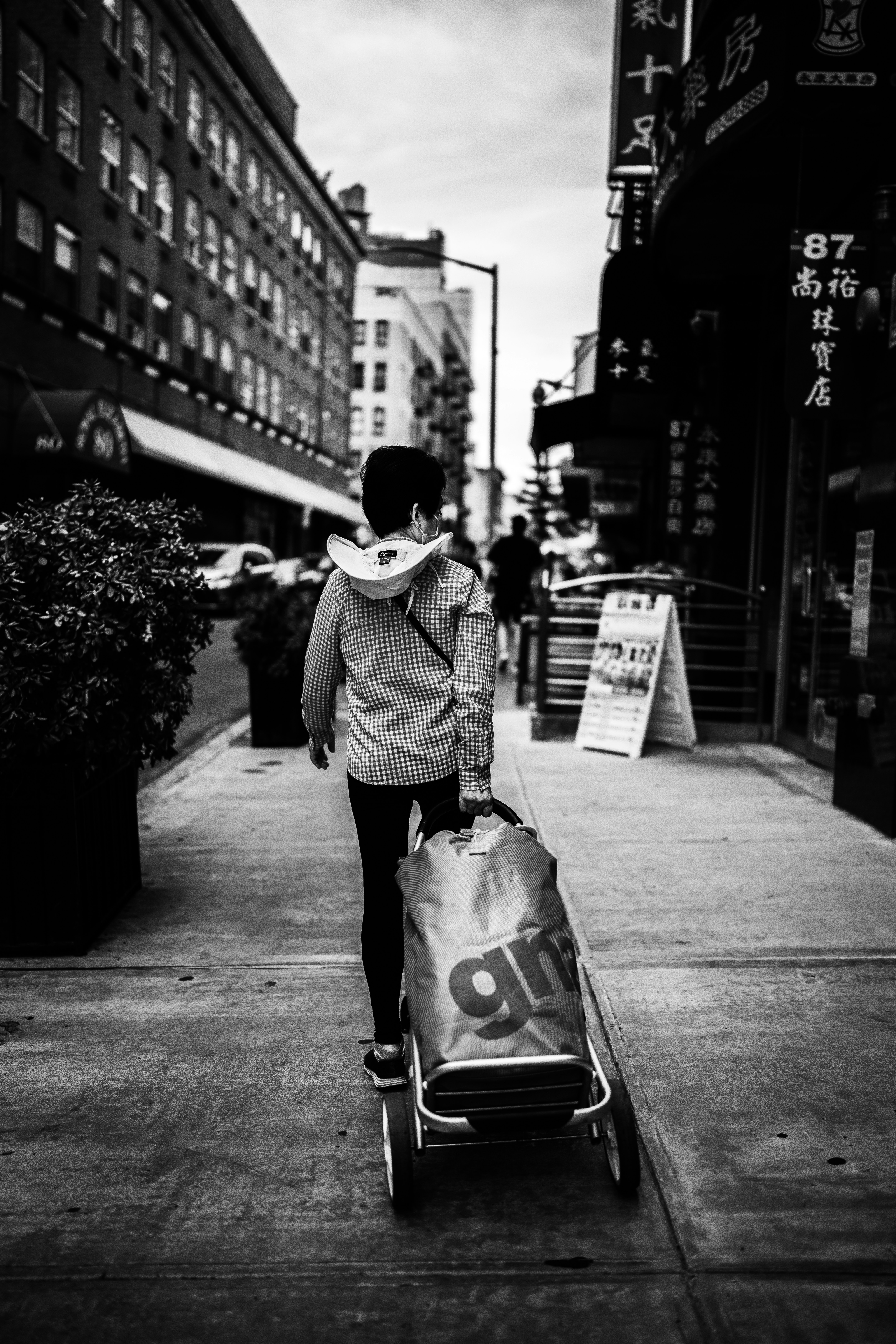 A woman pushing a stroller down a city street