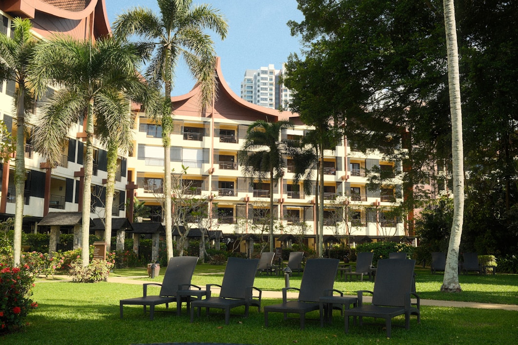 A row of lawn chairs sitting in front of a building