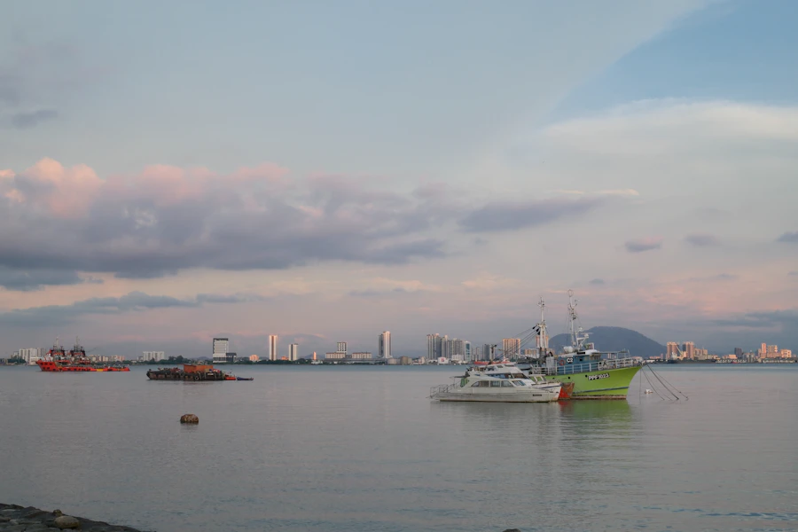 Wooden walkways and stilted houses along a clan jetty in George Town at dusk