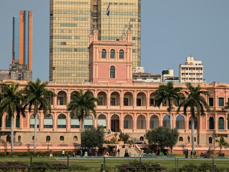 A large building with palm trees in front of it