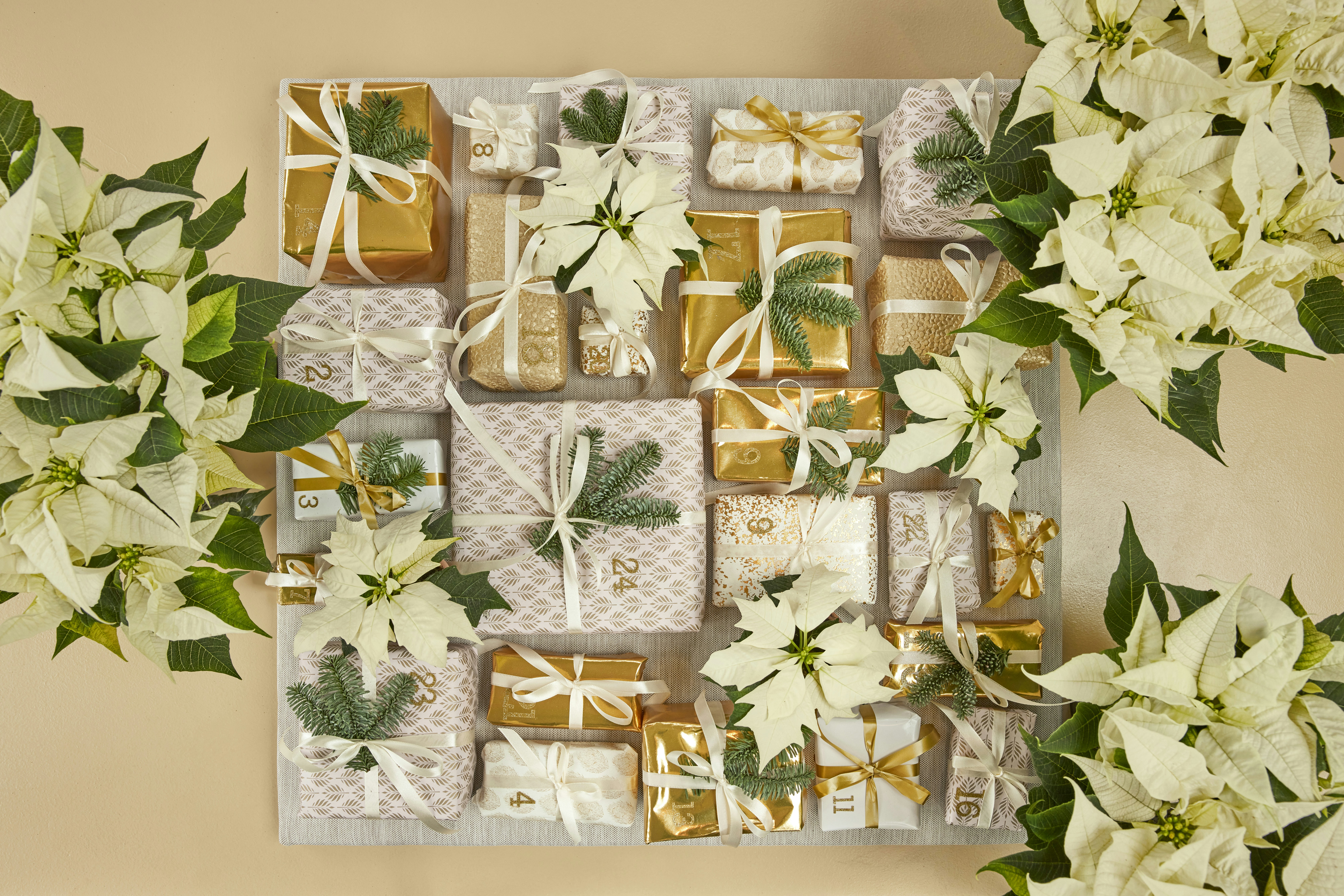 Holiday gifts wrapped in a grid