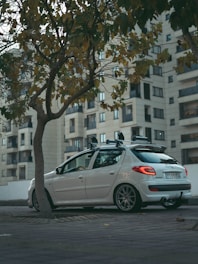 A white car parked on the side of the road
