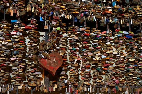 Padlocks left by couples on a railing — Pécs, Hungary