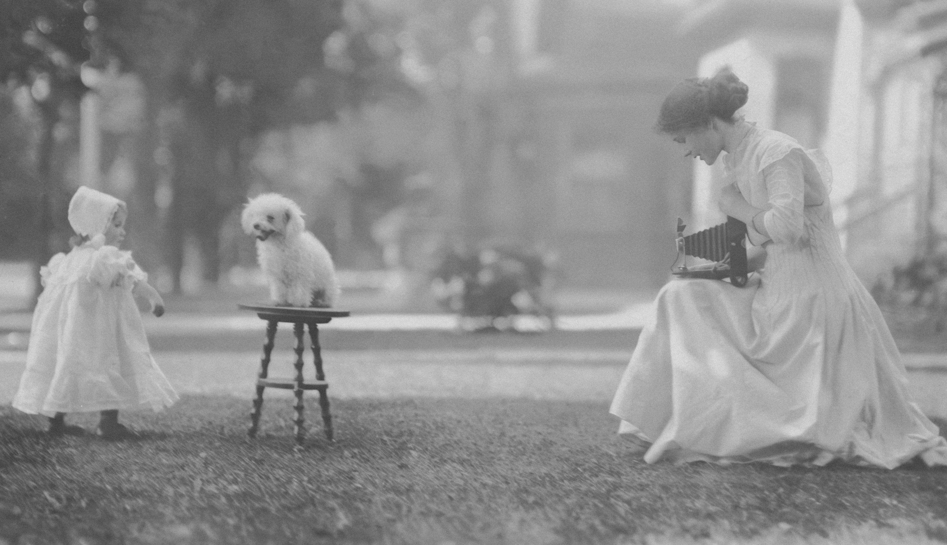 Woman, child, and dog in a garden