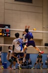 A group of young men playing a game of volleyball