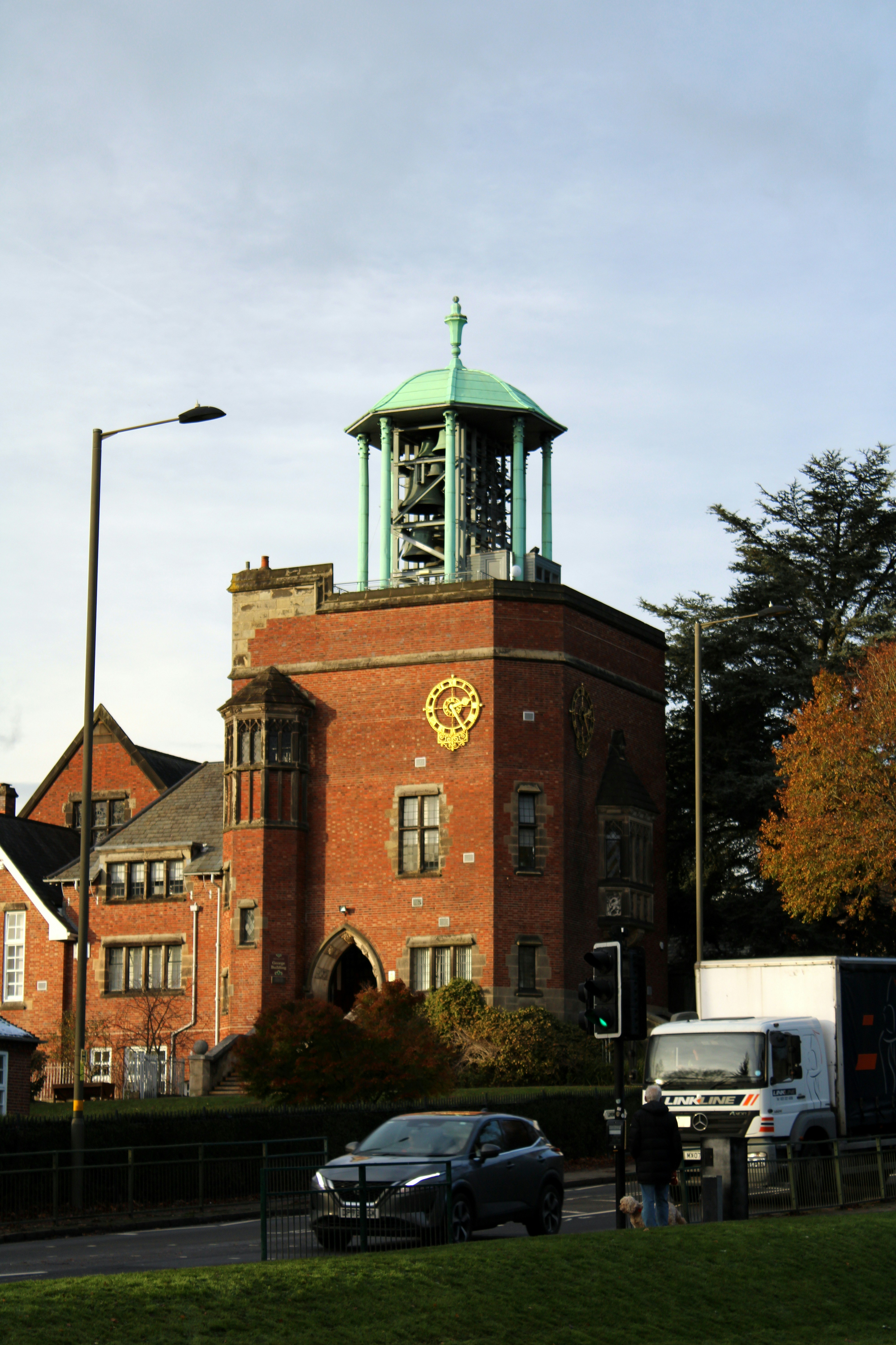 A large brick building with a clock tower